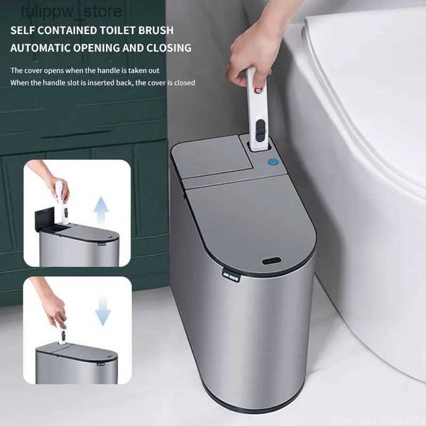 Lixeiras de resíduos aço inoxidável 7L Lixo inteligente pode pincel de higiene define o lixo à prova d'água lixo estreito Bucket de sensor inteligente para banheiro da tampa L46