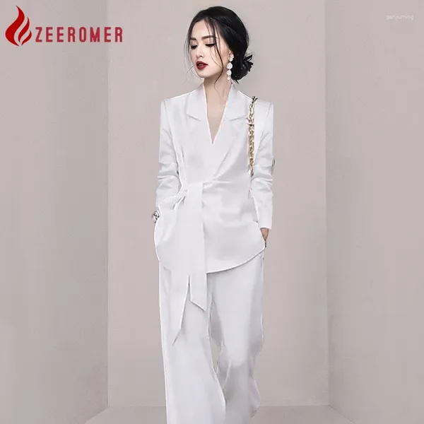 Zweiteilige Hosen für Frauen 2024 Herbst weiße Business-Hosen Anzug Frauen Langschläfe Schnüre-up Blazer Mantel hohe Taille Wide Leg Office 2 Sets