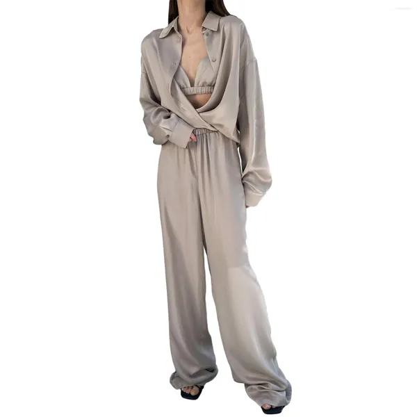 Frauen Nachtwäsche Frauen 2 Stück Satin Pyjama Feste Farbe langes Ärmel Hemd und elastische Hosen Loungewear weich