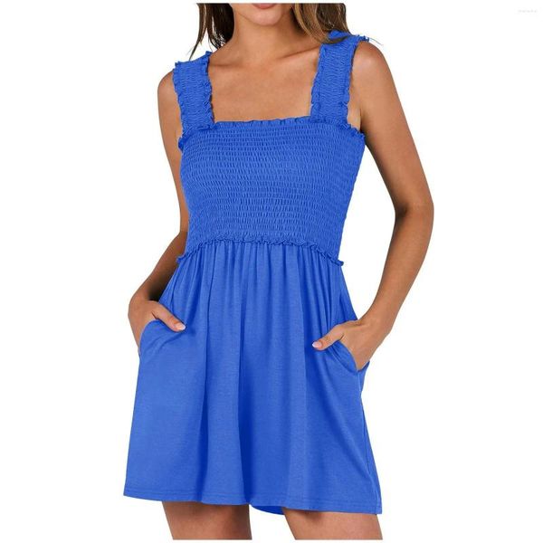 Lässige Kleider Frauen Sommer ROMPERS Square Neck ärmelloses Krümmte elegante Strampler Beach -Outfits mit Taschen bequem