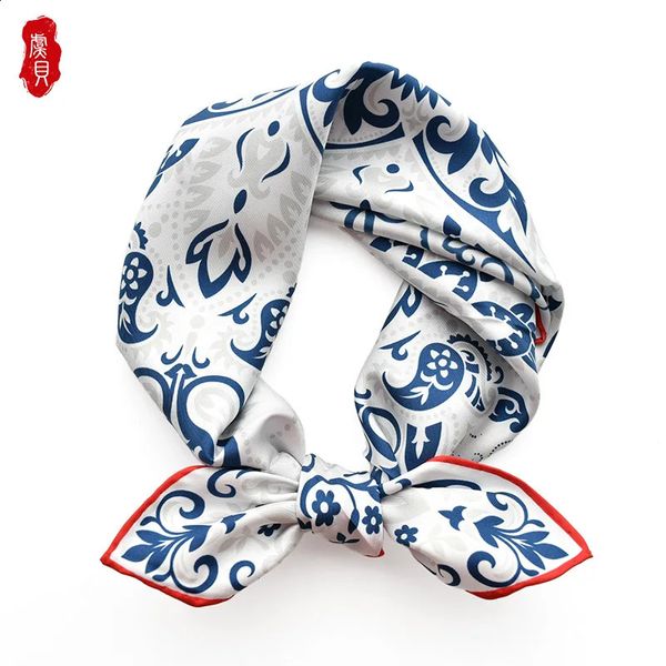 Lenço de seda de estilo chinês Mulheres azul e branco bandana 65cm lenços quadrados médios lenços de pescoço luxuosos de pescoço de pescoço 240322