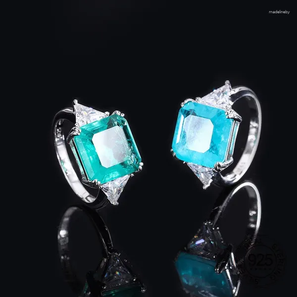 Ringos de cluster 925 Sterling Silver Silver Cubic Zircon Jóias quadradas IMITAÇÃO Verde Emerald azul paraiba anel de dedo pedras preciosas para mulheres