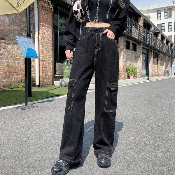 Kadınlar Kot Siyah Denim Kargo Pantolon Gevşek Düz Boyutlu İnce Geniş Bacak Yağ Mm Yüksek Bel Elastik Pantolon