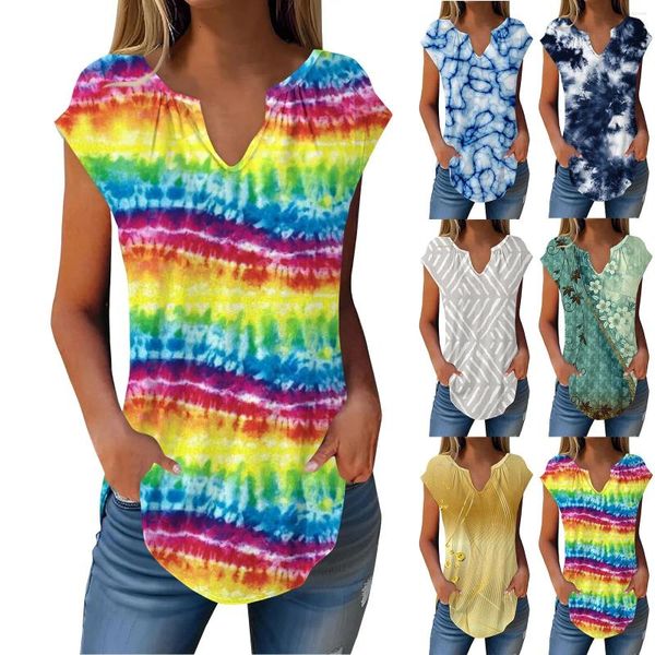 Kadın Tişörtleri Yaz Kapağı Kollu Tişörtler Kadınlar için Modaya Gevşek Gevşek Gözetleme V Boyun Gömlek İnce tipte Pileli Tunik Tank Top Ropa Para