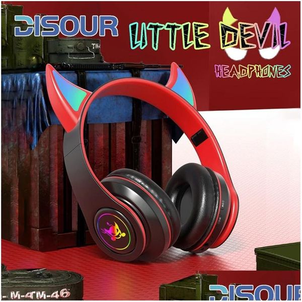 Cuffie cuffie auricolari cuffie wireless diavolo con microfono per bambini bambino carino musica di basso stereo fm bluetooth cuffyset gamer support tf dhaj8