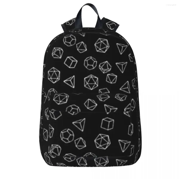 Backpack DND Dice White on Black Pattern Woman Backpacks Meninos Meninas Bookbag Moda estudantes Bolsas de portabilidade laptop portabilidade Rucksack