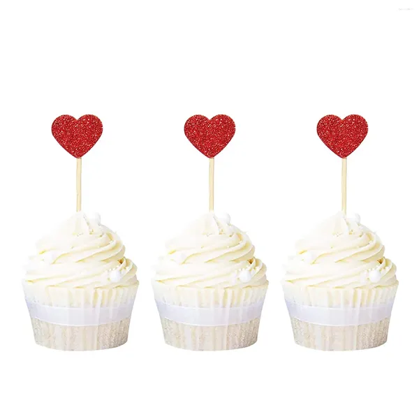 Forniture per feste Glitter Heart Cupcake Toppers Picks for Sweet Love Tema Engagement Wedding Doccia Doccia Decori 40 Pack Red