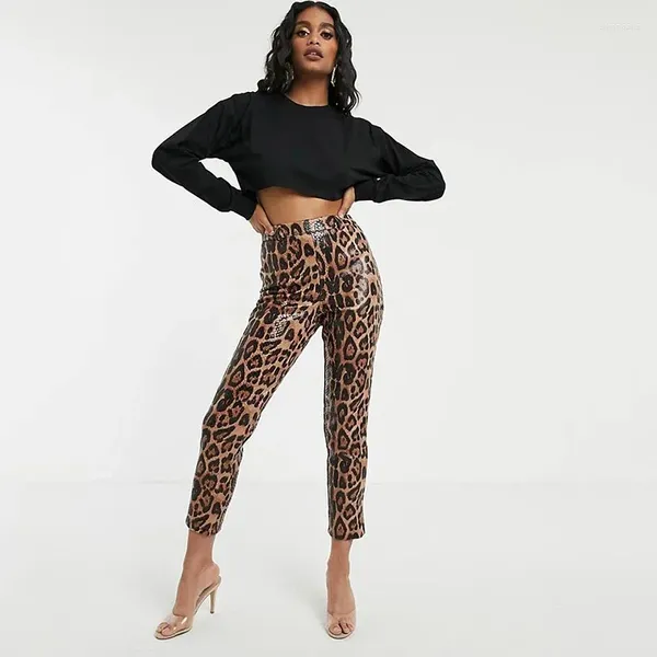 Frauenhose Frauen Faux Leopard Print sexy hohe Taille PU Leder Leggings Ladies Vintage Dehnungsstrumpfhosen Herbst Custom Custom