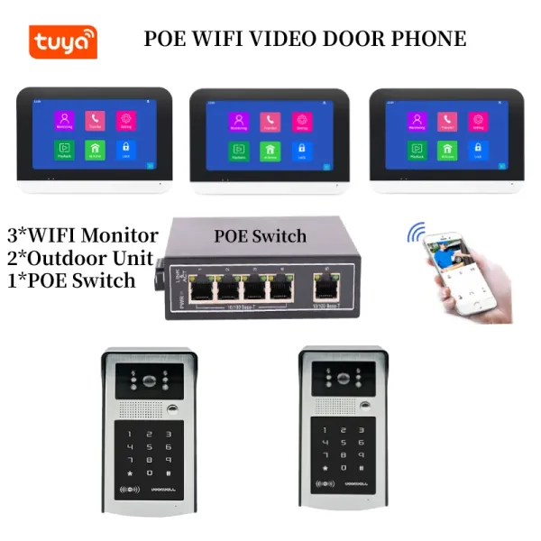 Intercomutação Poe Switch Tuya Smart Wi -Fi Intercom Intercom IP Vídeo Vídeo Porta do telefone Senha RFID Sistema de controle de acesso para Villa apartamento
