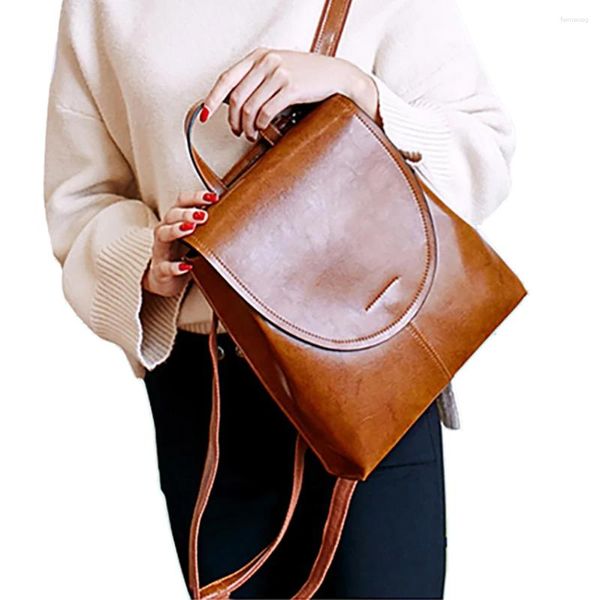 Bolsas escolares mochilas femininas de couro de cera vintage feminino laptop feminino laptop mochila para adolescentes bookbag