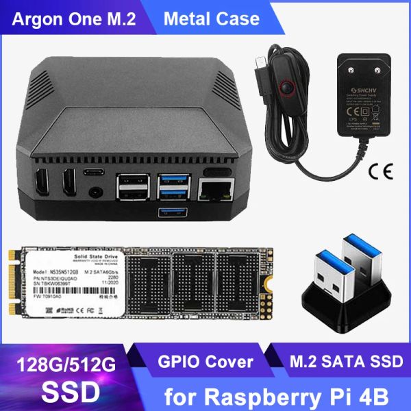 Случаи Raspberry Pi 4 Argon One M.2 Алюминиевый случай с SSD SATA M2 Расширение слота GPIO Cover Fan Fean для Raspberry Pi 4 Модель B