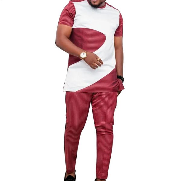 Sommer Herren Red Stripe Anzug Kurzärmele Set Patchwork -Tops mit Hose männlich nigerianischer Modedesign Afrikanische Bräutigam Party Outfits 240329