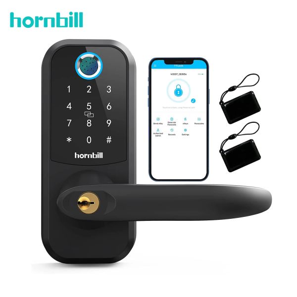 Lock Hornbill bluetooth impressão digital porta smart bloqueio biométrico Electronictbolt Handle bloqueia entrada sem chave Segurança doméstica inteligente