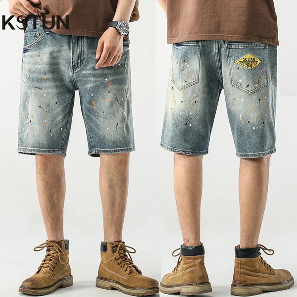 Yaz kısa kot pantolon pantolon boyama baskılı açık mavi streç denim şort erkekler sokak kıyafeti punk tarzı motosik kot çocuk 240327