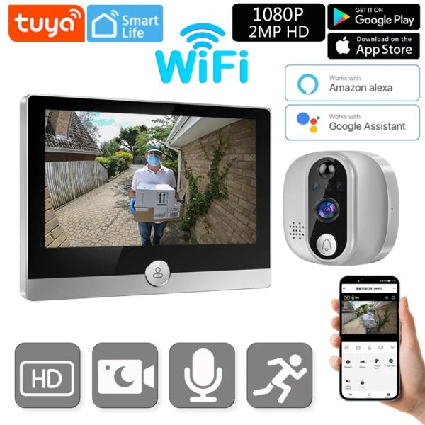 Door de campainha Tuya Smart Video Doorbell Câmera Wi -Fi 1080p Peephole Door Bell IP com tela de exibição de 4,3 polegadas funciona com Alexa Google Home