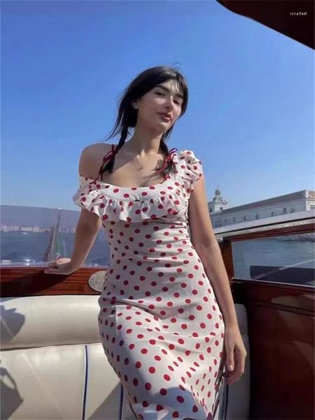 Gelegenheitskleider Frauen Retro Polka Dot Ruffenkante Rotes Kleid Frühling Sommer 2024 Damen Viskose ärmellose schlanker eleganter süßer langer Gewand