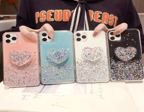 Luxus Bling Glitter Love Heart Case für iPhone 12 11 Promax 12Mini 11 mit Klammer weiches Silikongehäuse für 12 xs max XR 8 7Plus1510867