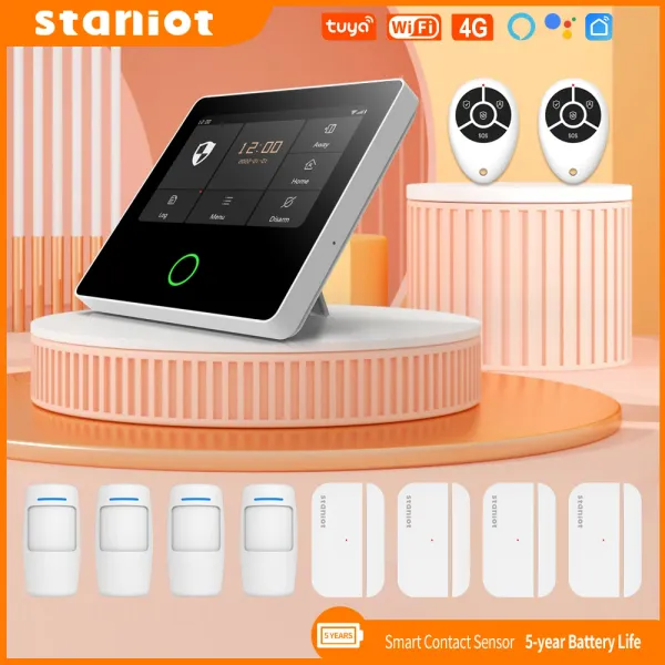 Kits staniot tuya smart wi -fi 4g Sistema de alarmes de segurança construído sirene home ladrão com detectores de janela de porta de contato de 5 anos