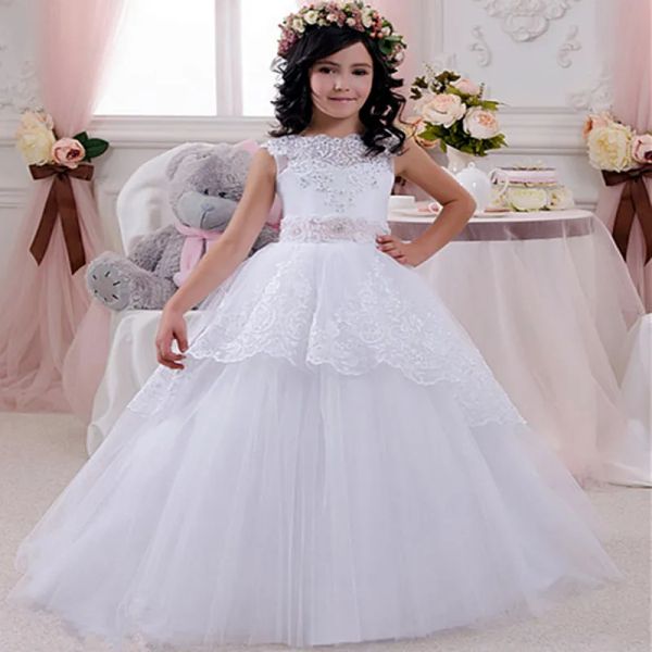 Vestiti abiti da fiori in pizzo a buon mercato abiti per matrimoni aperti posteriori bianchi avorio arco per bambini abito da sposa 2016 bambine concorso dre