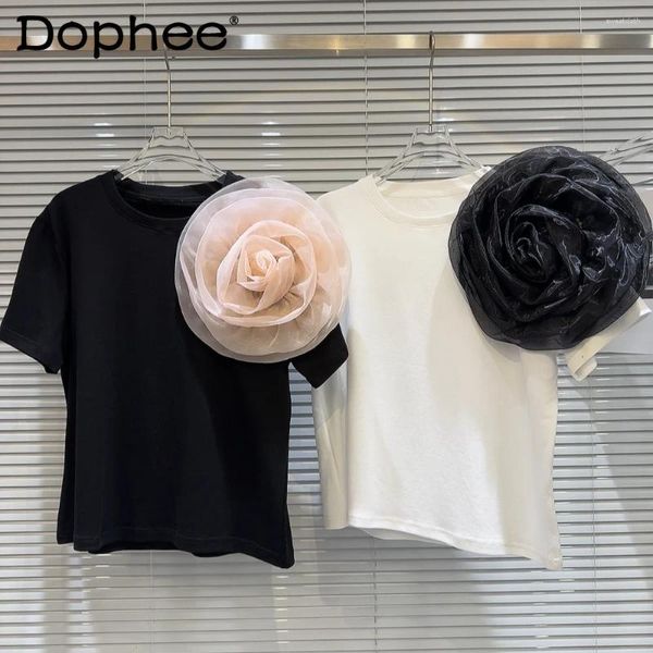 Camisetas femininas malha 3d grande flor decorativa decorativa de manga curta fêmea feminina 2024 primavera verão menina sólida cor de-juba curta