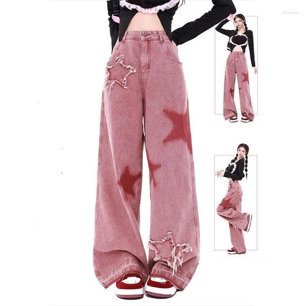 Jeans jeans fashion rosa stella ragazza y2k jean vestiti vintage contrasto di strada per donne 2024 pantaloni gambe dritti dolce sciolte