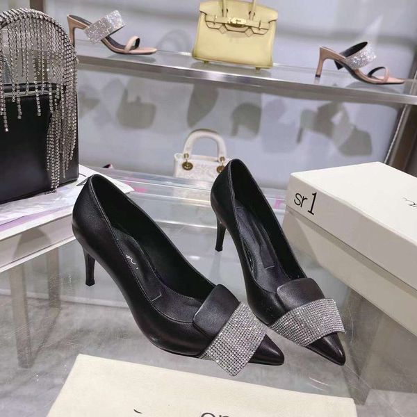 Water Diamond High Single 2024 Primavera/verão Novo cabeça pontiaguda, boca rasa de salto fino de couro genuíno sola elegante e elegante sapatos femininos