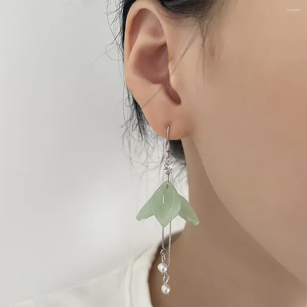 Dangle Ohrringe Ventfille 925 Sterling Silber Lily Ein Jade -Ohrring für Frauen Mädchen Geschenk Blütenblatt Perl Tasse Vintage Ethnic Schmuck Tropfen