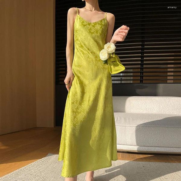 Lässige Kleider französischer Luxus Satin Jacquard Slip-Kleid für Frauen Sommer A-Line-Abendtemperament Long