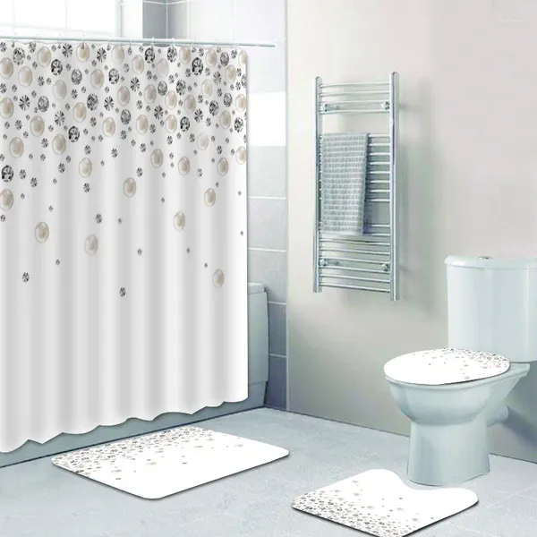 Duş Perdeleri Zarif Siyah Beyaz İnci Düşen Taşlar Parlak Elmas Perde Set Banyo Glamour Glitter Mücevher Banyo Mat Tuvalet Dekor