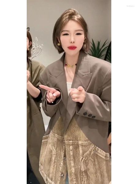 Abiti da donna SuperAen Spring 2024 Design coreano un unico caffè patchwork blazer cappotto