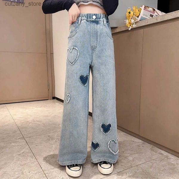 Hose neue Mode Teenager Mädchen Denim Wide G Hosen Kinder Hosen Frühling Herbst Liebesmuster Mädchen Jeans 5-14 Jahre Kinder Kleidung L46