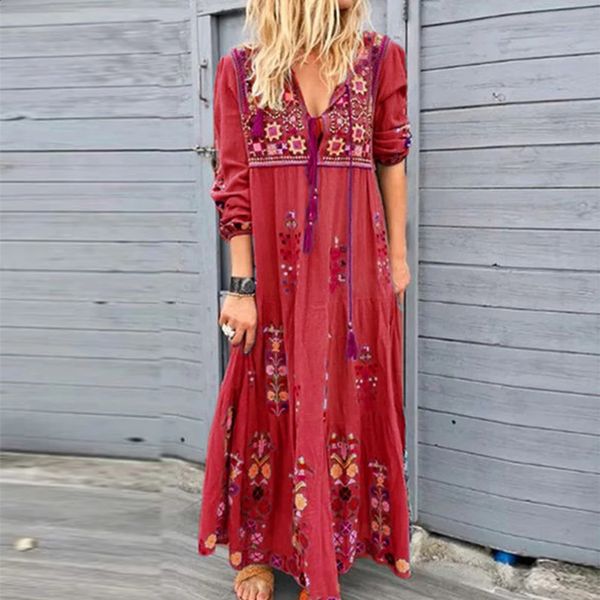 Plus Größe langes Kleid für Frauen Kleidung Herbst Böhmische Kleider Casual Vestido Robe Frau übergroßer loser Blumenrock 240326