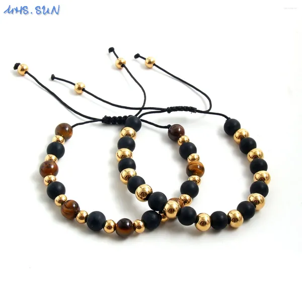 Strand MHS.Sun handgefertigt Edelstahl 6mm Gold Schwarz Farbe Perlen Armband Naturtiger Augenstein Verstellbare Männer täglich Schmuck