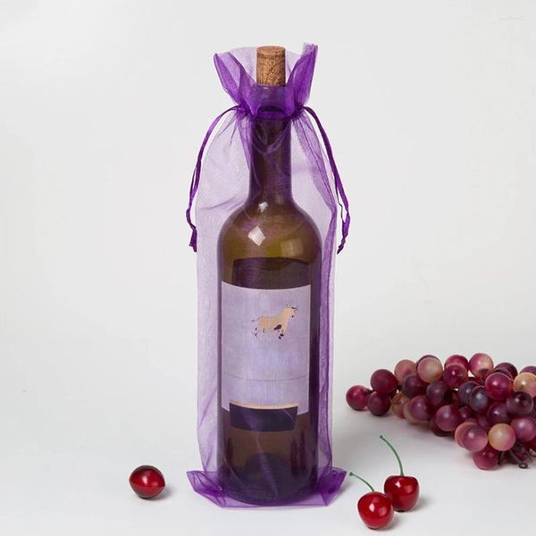 Enrolamento de presentes 30pcs Bolsas de vinho de organza brancas de malha de malha de malha tampa de garrafas Dreatingstring para o Natal
