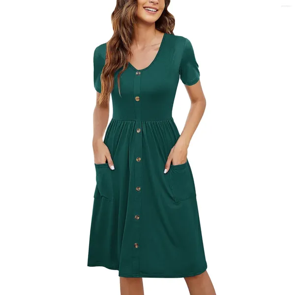 Lässige Kleider Frauen Vintage Beach Dress Knöpfe Strickjacke Feste Farbe V-Ausschnitt Kurzarm mit Taschen Büroarbeit mit Taschen gefaltet