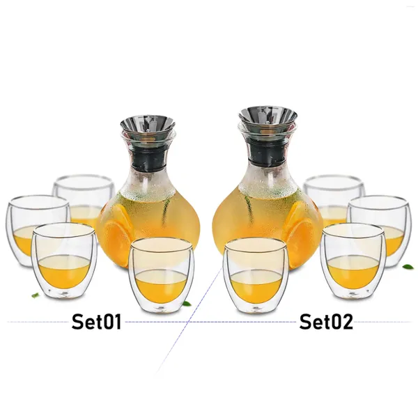 Tee -Sets 5 in 1 Tee -Set - Clear Glass Pot Water Pitcher Saft Kessel Flasche mit Edelstahl -Deckel 4pcs Doppelwandbecher Tassen