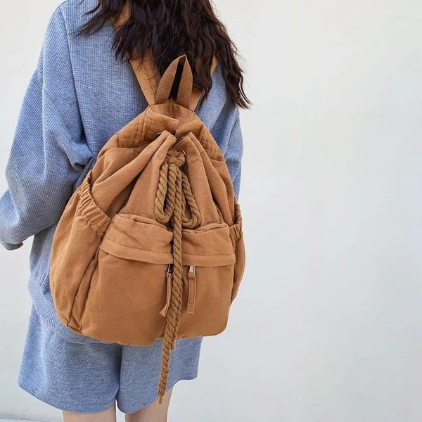 Backpack Canvas Student Bag 2024 Vintage Girl Leisure Draw String Book Frauen Brown Laptop College Frauen Reisenschule