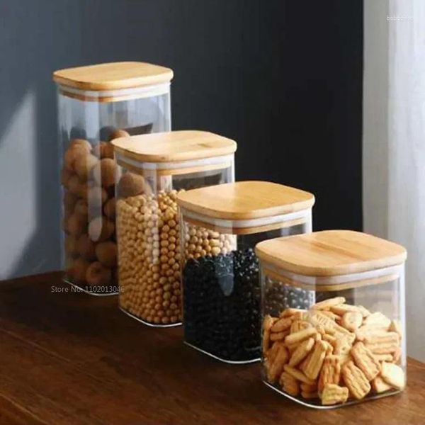 Bottiglie di stoccaggio vetro contenitore per barattolo da cucina con coperchi per barattoli di bambù all'ingrosso e muratore spezie quadrate