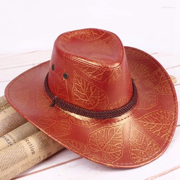 Boinas de chapéu de cowboy ocidental caçador americano knight large brim balde de couro pu folhas imprimindo tampa da fazenda ao ar livre panamá unissex