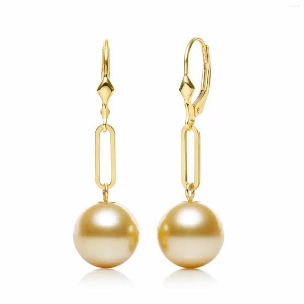 Dangle-Ohrringe rund 10-11mm goldene Südmeerperle Sterling Silber 925 Ohren für Frauen