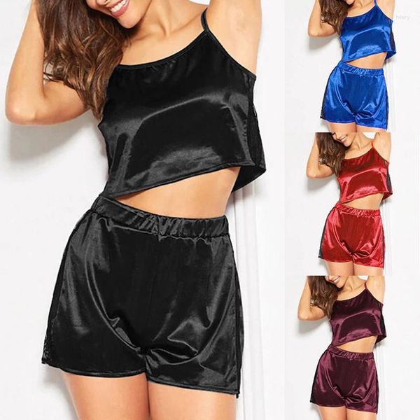 Abbigliamento da casa Donni sexy Satin Pajamas Black Lace Sleep abbigliamento Lingerie Slip Shorts Cami Shorts Set di abiti da notte per pijama solidi