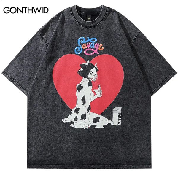 Herren Retro Hip Hop T-Shirts Herz Lustige Kühe Mädchen Print T-Shirt Casual Sommer Y2K Tees Unisex High Street Harajuku Streetwear 240328