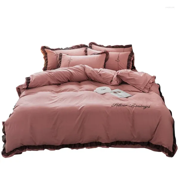 Bedding Sets Lotus Pink Princess Style Lavado algodão de quatro peças Inseto de verão Folhas de cama Captina de colcha de três peças 4 4