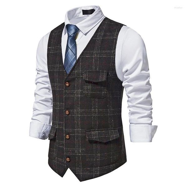 Herrenwesten Tweed Vintage Weste Plaid Single Breasted Anzug Frühling Herbst Britische ärmellose Jacke All-Match