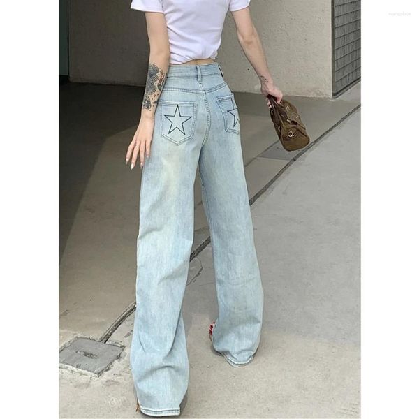 Женские джинсы светло -голубая звезда, вышитая женская модная уличная одежда высокая талия свободная джинсовая джинсовая ткань.