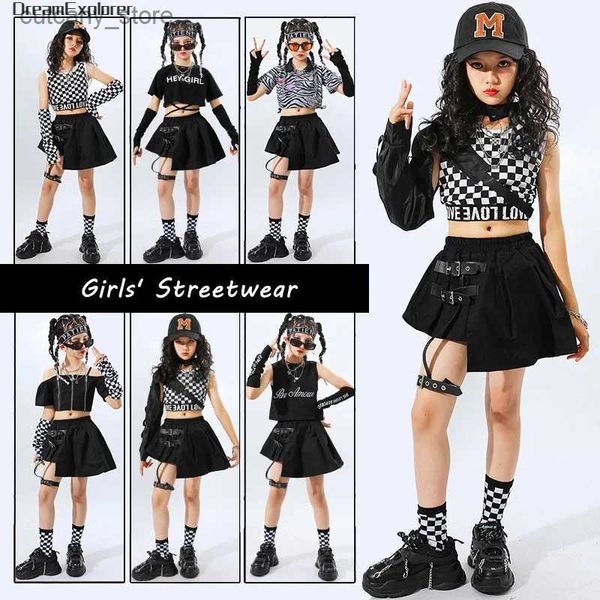 Mädchenkleider Mädchen Hip Hop Plaid Crop Top Gurt Röcke Kinder Streetwear Cool Goth Kleidung Sets Street Dance T-Shirt Kinder Sommer Jazz Kostüme L240402