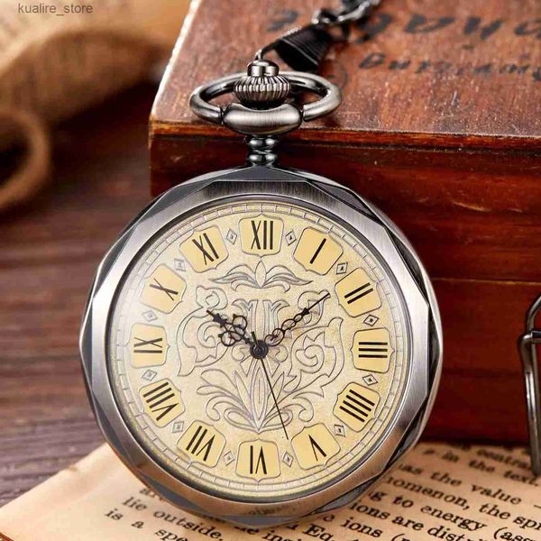 Pocket Watches Hexagonal Mechanical Pocket Golden Bronze Bronze Hollow Chain With Box Homens Mulheres Lady Es Mens Vintage Presentes L240402