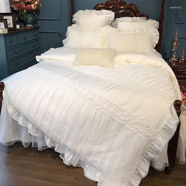 Bettwäsche Sets Beige Creme weiße Spitze Prinzessin Bettdecke Bett Set 4/6pcs Mädchen ägyptische Baumwolle gesteppt