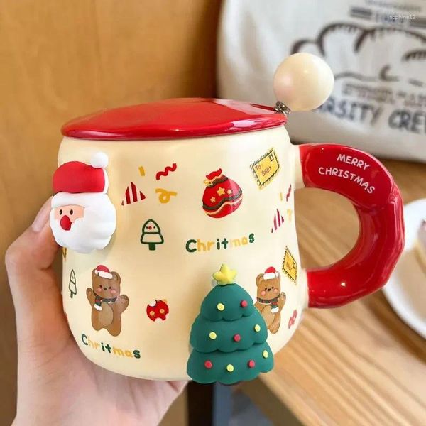 Tassen DIY Magnetic Christmas Keramic Tasse Große Cartoon Kaffeetasse mit Deckellöffel 3D -Paar Santa Milchgetränk