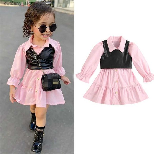 Mädchenkleider Neue Mode Herbst Kids Girls Kleidung Set Long Seve Revers Hals Festes Hemdkleid+Pu ather Vest Casual 2pcs Kleidung L240402